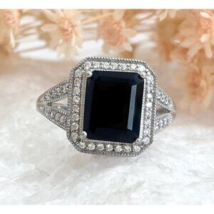 Emerald Cut Black Onyx & CZ Halo 925 Sterling Silver Vintage Ring - sz 10.25
